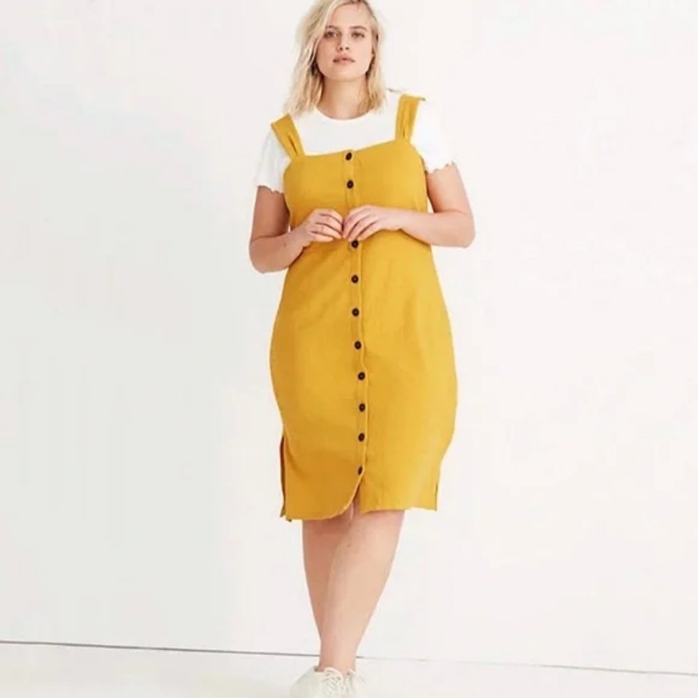 Madewell Mustard Button Front Textured Cotton Blend Pinafore Midi Dress XL Fall